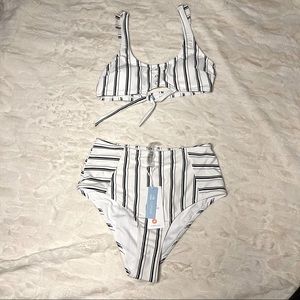 Cupshe White and Black Striped Bikini- NEW
